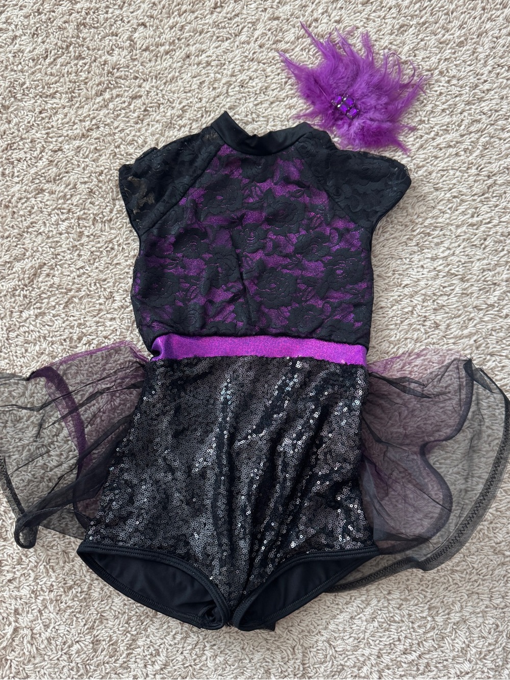 Girls Black and Purple Sequin Tutu Dance Leotard with Feather Clip